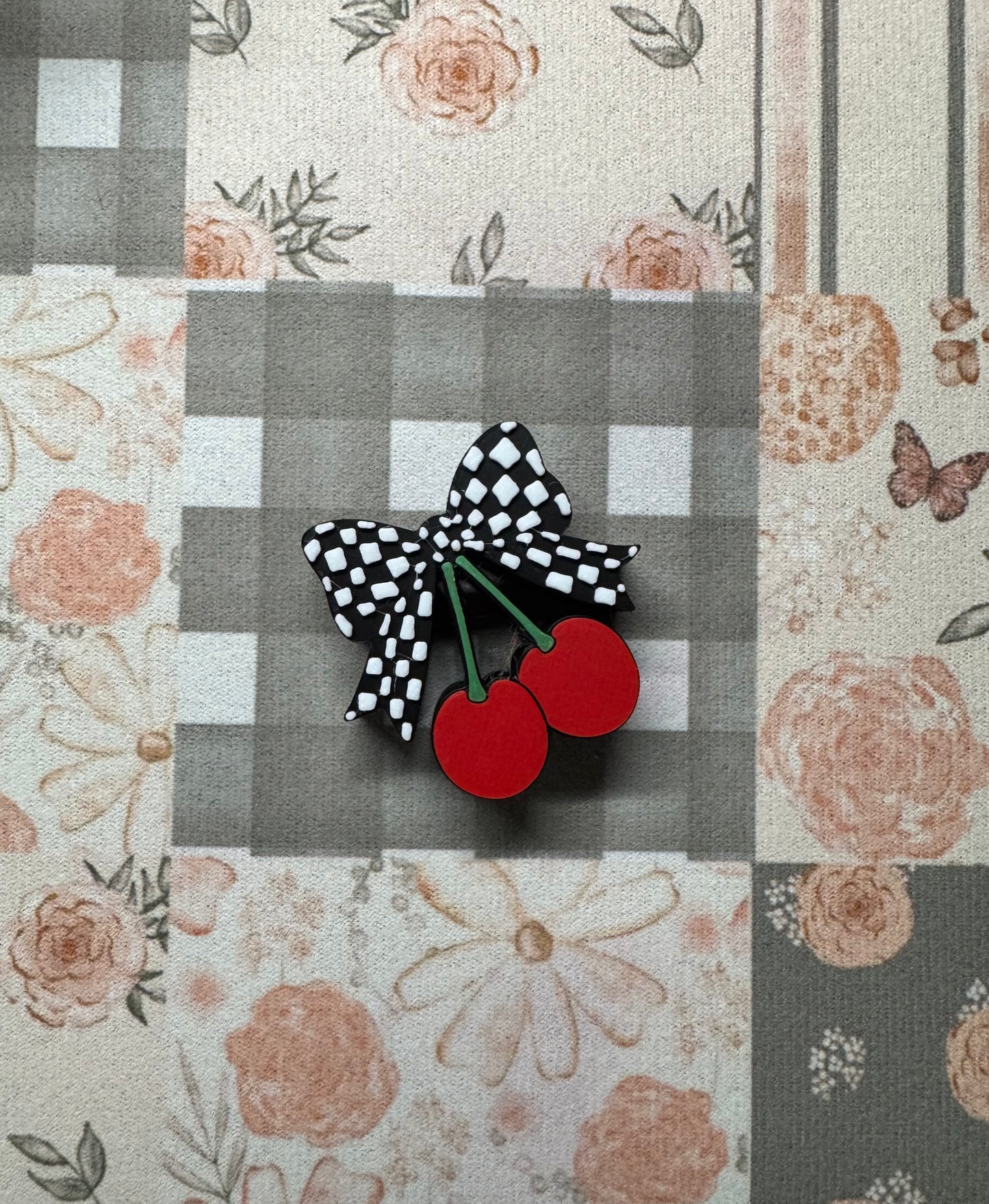 Checkered Cherry Bow Straw Topper