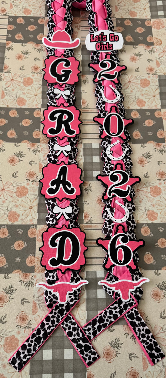 Western Pink Cow print Graduation Lei
