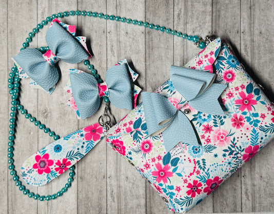 Blue Floral Purse and Bow Set